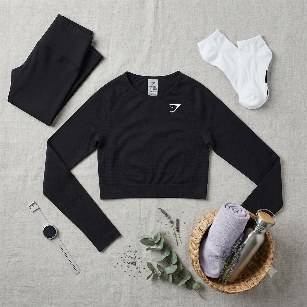 Gymshark Vital Seamless 2.0 Long Sleeve Crop Top Black Small B1A3D